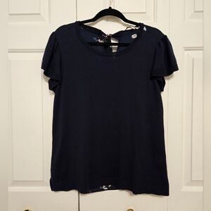 Loft Womens Navy Blue And Floral Short Flutter Sleeve Shirt Size Large